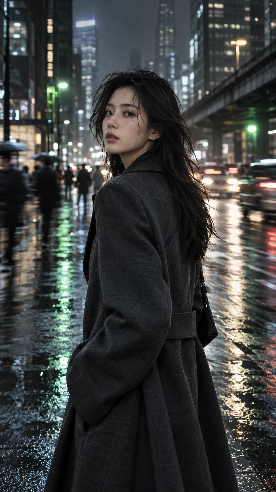 An original cinematic portrait of a woman in a charcoal coat on a rain-soaked city street.